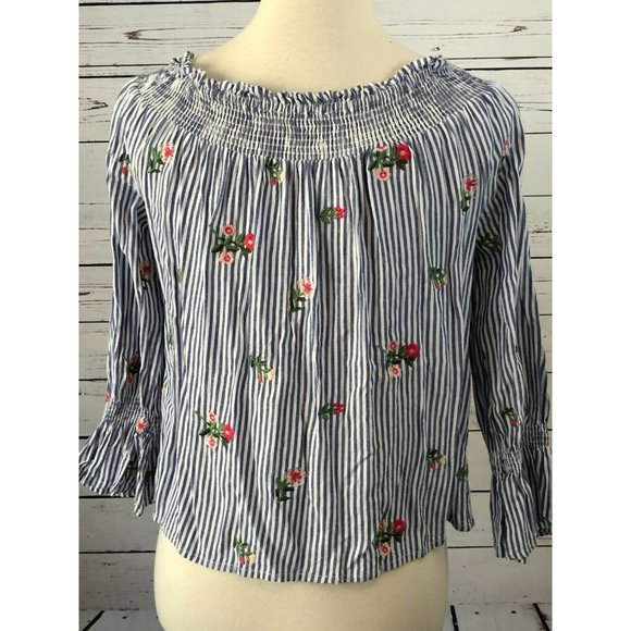 Miss Me‎ Off the Shoulder Denim Blouse Medium Embroidered Sexy Top Striped Shirt - Picture 2 of 8